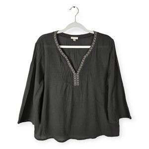 Garnet Hill Organic Cotton Embroidered Lightweight Gray Pintuck Blouse Top